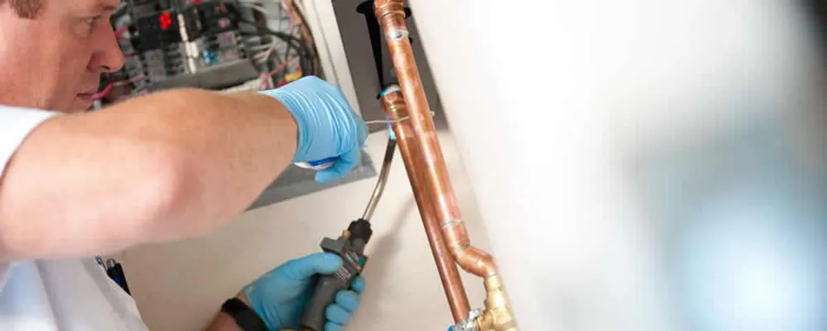 Water heater repair technician testing copper pipe connections and controls in Fort Worth, TX